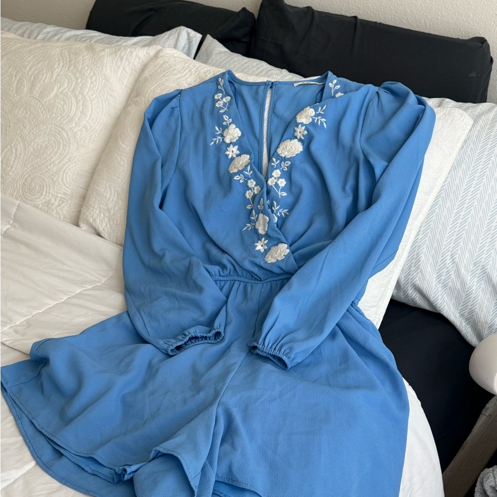 Blue Floral Embroidered Women's romper
